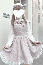 Grey/Pink Long Sleeves Bowknot Lace Pearl Sweet Jirai Kei Dress